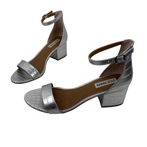 Steve Madden Womens Silver Ankle Strap Block Heel Sandal Size 10 Rave Futuristic